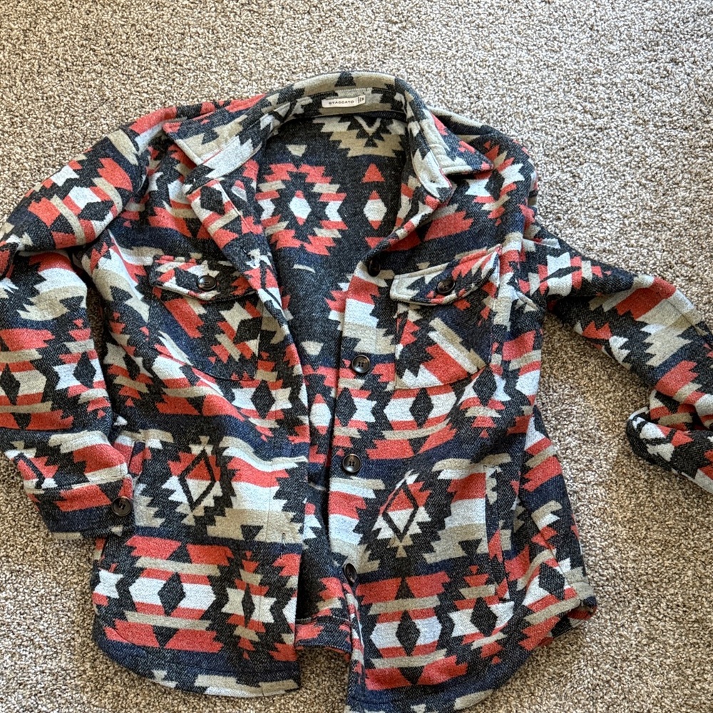 Staccato Navy, Red/Coral Light Blue, and Green/Gray Patterned Jacket